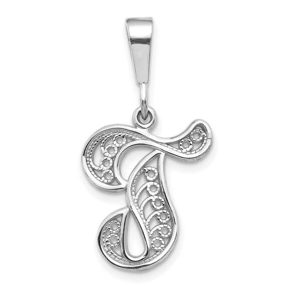 14k White Gold, Maci Collection, Filigree Script Initial T Pendant - Picture 1 of 4